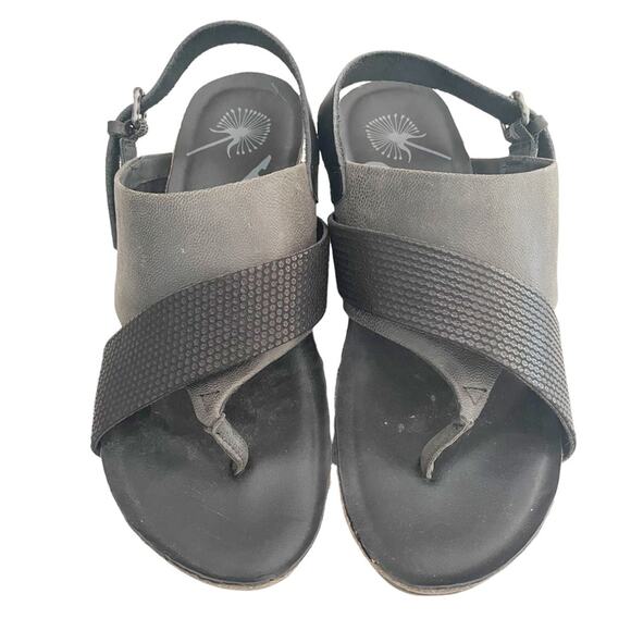 Otot Size 7 Leather Wedge Sandals Ankle Strap Black Gray Slingback Gladiator - Picture 1 of 7